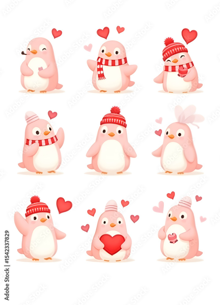 Fototapeta premium These adorable pink penguins are celebrating Valentine's Day with hearts and winter accessories.