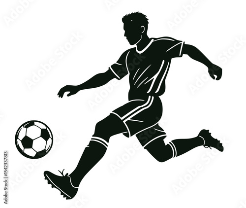Black and white graphic illustration of soccer player shooting ball