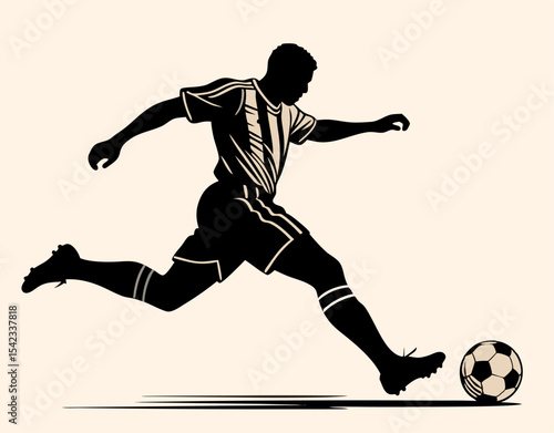 silhouette of soccer player kicking ball in dynamic black and white vector style