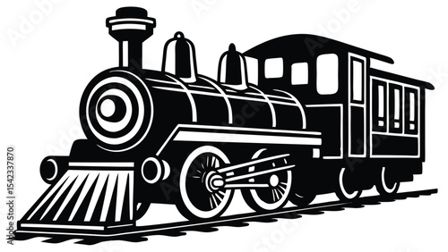 Classic steam train on tracks, isolated on white background