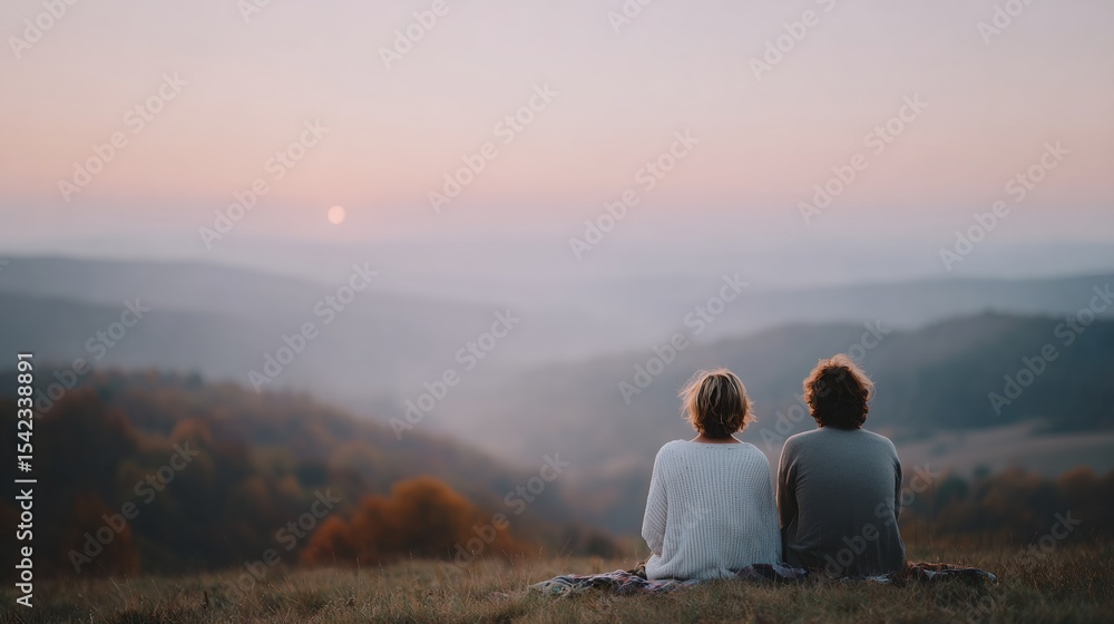 Fototapeta premium Two people are sitting on a grassy hillside, looking out at the sunset