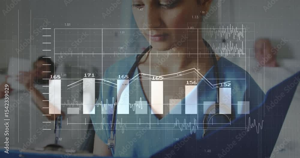 Nurse tapping tablet beside bed viewing animated medical charts guiding patient care decisions