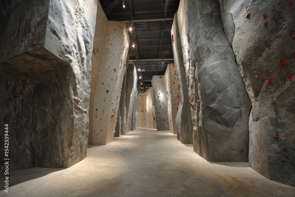 Obraz premium Indoor climbing gym features tall artificial rock walls designed for climbers of all skill levels, providing a vibrant space for fitness and adventure enthusiasts