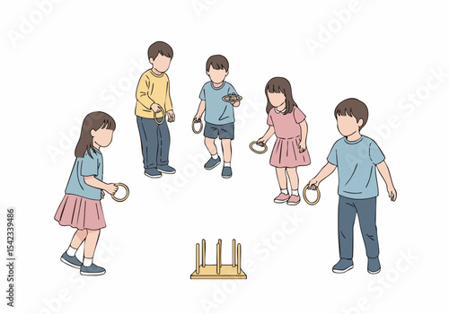 Handdrawn Children Playing Ring Toss Game Illustration On White Background