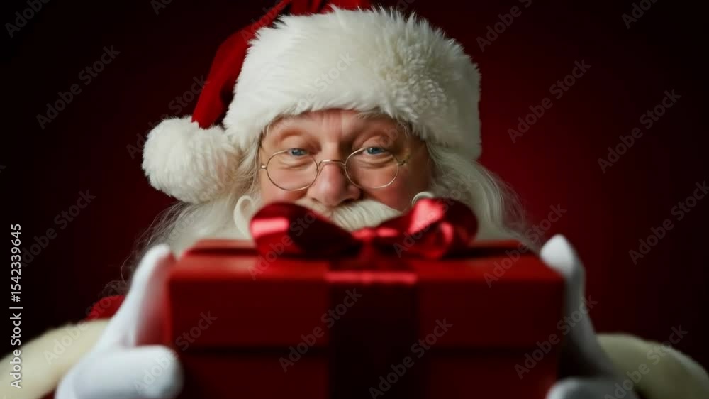 Close up of Santa Claus holding a red gift box. Christmas celebration tradition event. Close up of Santa Claus holding a red gift box. Christmas celebration tradition event.