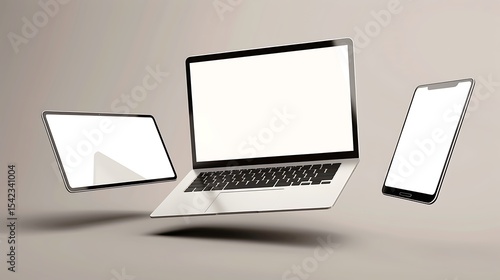 Three digital devices displayed in a modern setting.
