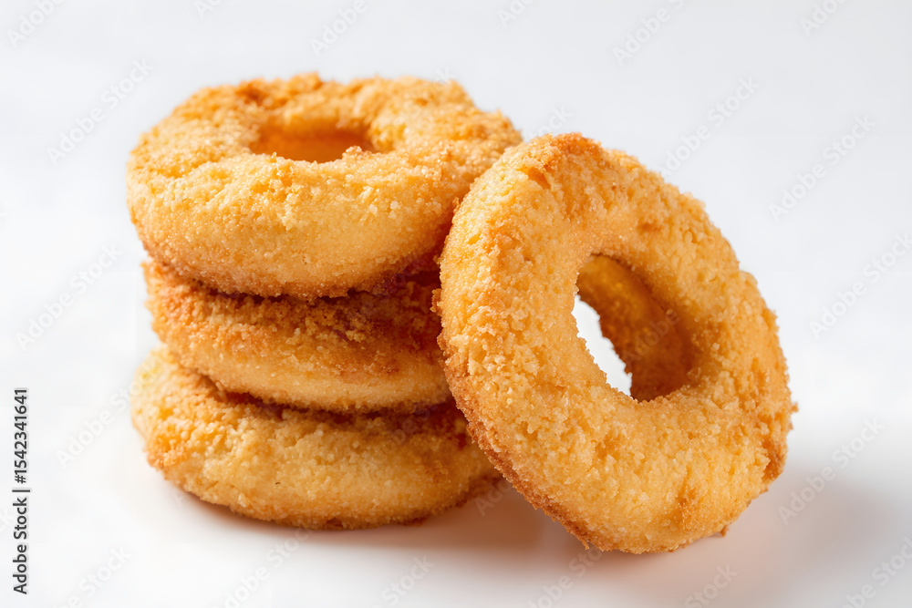 Golden fried rings: A stack of crispy, round, golden-brown, deep-fried delights. Golden fried rings: A stack of crispy, round, golden-brown, deep-fried delights.