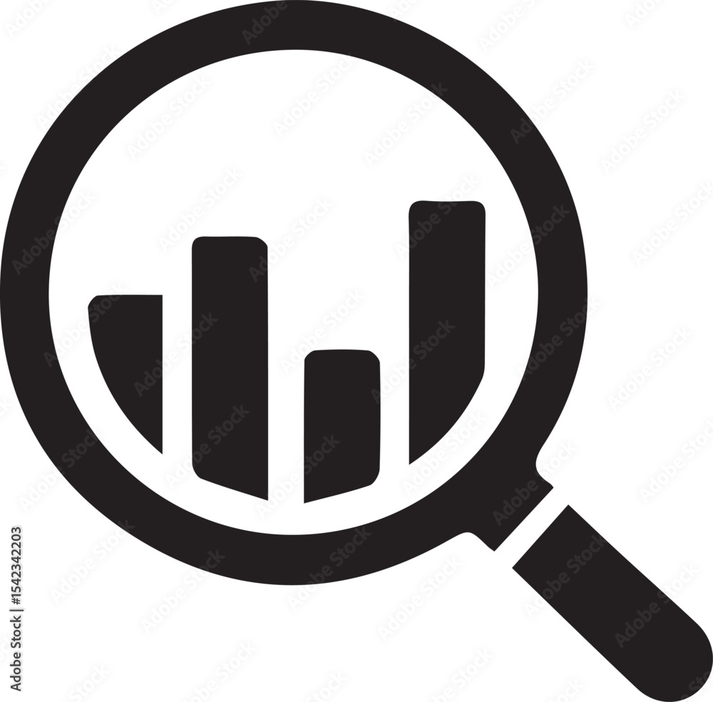 Data Analysis: A black and white graphic icon of a magnifying glass, with bar graph inside it. Represents insight and data analysis and business statistic. Data Analysis: A black and white graphic icon of a magnifying glass, with bar graph inside it. Represents insight and data analysis and business statistic.