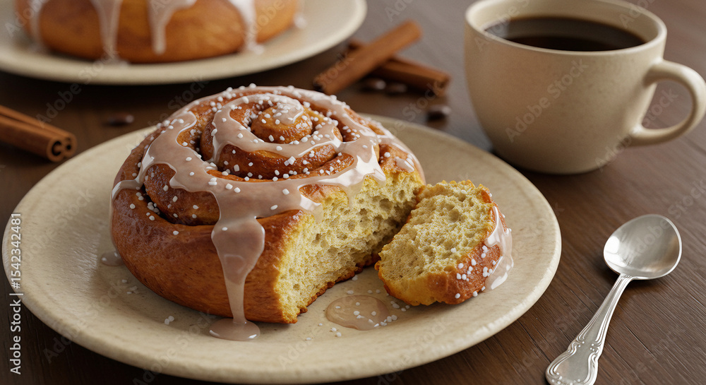 Sweet cinnamon roll with slightly melted glaze, on ceramic plate with coffee and a small spoon beside.