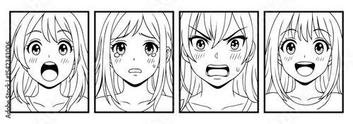 Set of manga-style female facial expressions in black and white comic frames. Emotions: surprise, sadness, anger, and happiness. Japanese anime line art.