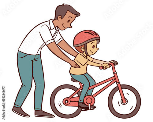 Dad Helping Son Learn to Ride a Bike