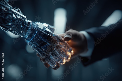 Robot hand engages with human hand in a technological handshake reflecting collaboration in the tech sector acquisition strategy