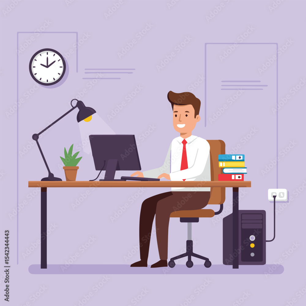 Cartoon Businessman Working at Desk with Computer Plant and Clock in a Home Office Setup Illustration Cartoon Businessman Working at Desk with Computer Plant and Clock in a Home Office Setup Illustration