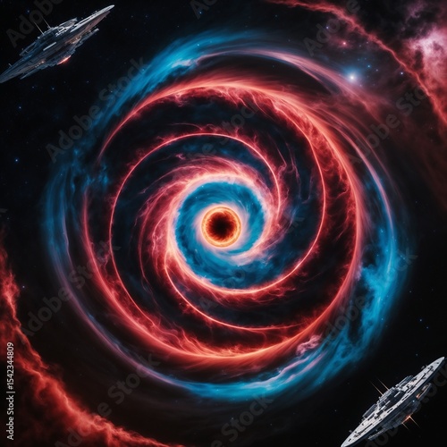 Swirling galaxy with vibrant colors and spacecraft in deep space  