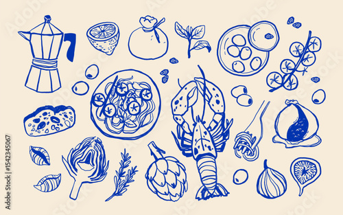 Hand Drawn Italian Summer Food Doodles. Line Art Vector Set with Pasta, Mozzarella, Coffee, Seafood and Herbs. La dolce vita ink illustration