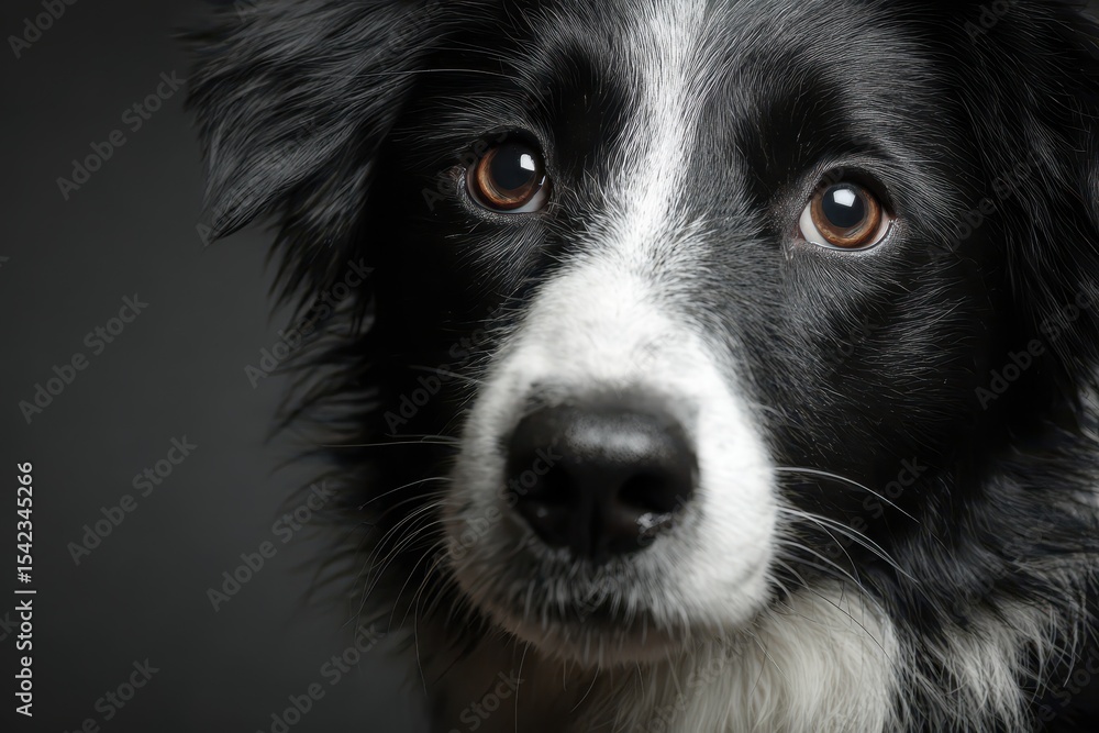Close-up portrait of a charming Border Collie in a studio setting showcasing expressive eyes and distinct black and white fur Close-up portrait of a charming Border Collie in a studio setting showcasing expressive eyes and distinct black and white fur