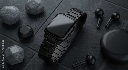 Dark Smartwatch, Earbuds, and Stones on Tiles