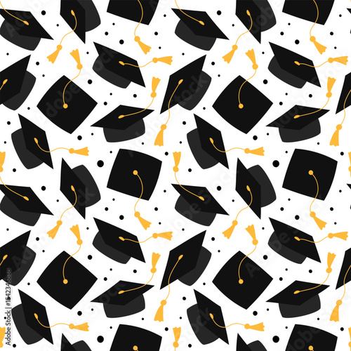 Graduation pattern, seamless vector background. Grad caps in air. Square academic hats, mortarboards. High school, college, academy graduate symbols pattern