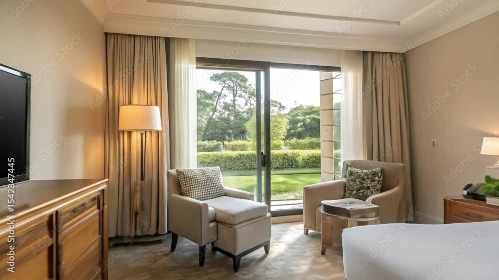 Hotel room with garden view suite interior design luxury travel accommodation and comfortable furniture Hotel room with garden view suite interior design luxury travel accommodation and comfortable furniture