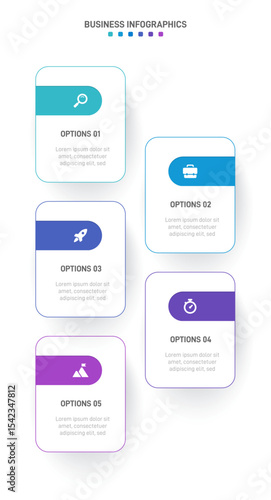Vertical progress bar featuring 5 arrow-shaped elements, symbolizing the five stages of business strategy and progression. Clean timeline infographic design template. Vector for mobile presentation.