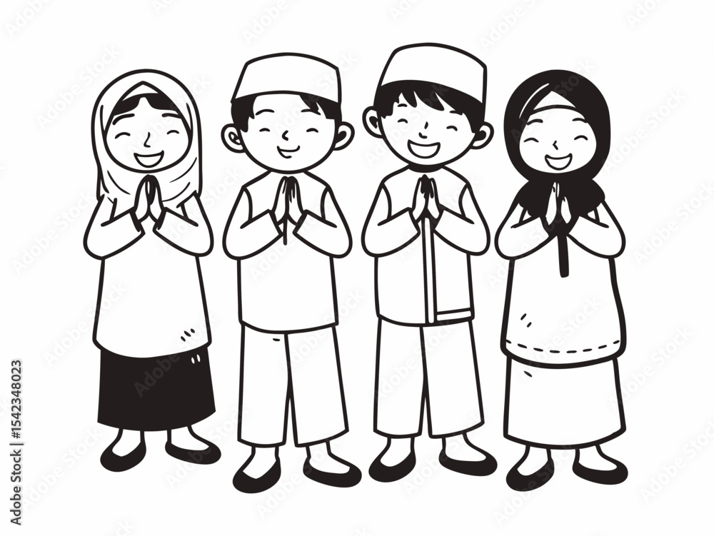 Happy Muslim Children in Traditional Clothing Eid al-Fitr or Eid al-Adha Greeting Happy Muslim Children in Traditional Clothing Eid al-Fitr or Eid al-Adha Greeting