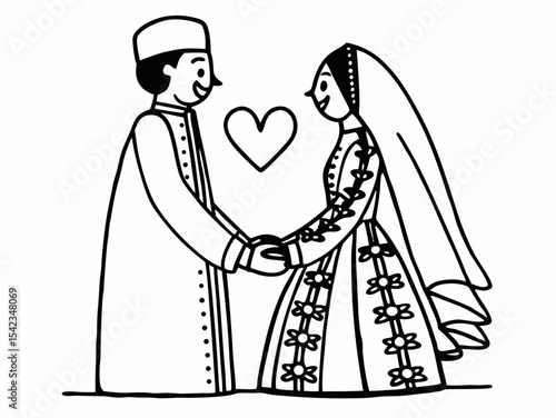 Black and White Illustration of a Happy Couple on Their Wedding Day