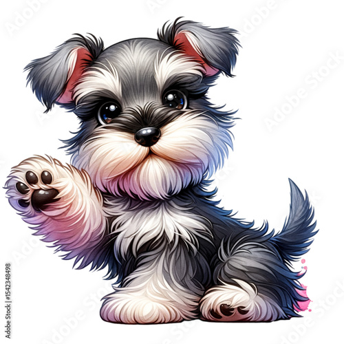 Adorable Miniature Schnauzer Puppy: A charming illustration of a miniature schnauzer puppy with fluffy grey and black fur, raising its paw in a cute and friendly gesture.