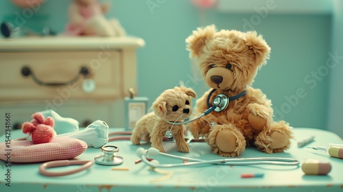 Teddy bear and puppy doctor toys with medical equipment.