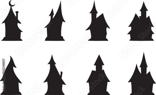 Set of fantasy house silhouettes with whimsical rooftops and magical architecture, perfect for fairy tales and fictional landscapes
