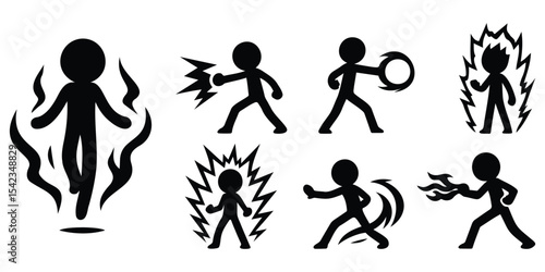 Set of minimal stickman silhouettes with glowing effects and superpowers including energy blasts, transformation, and fire attacks