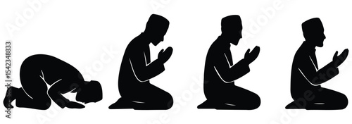 Silhouette of a Muslim man praying in various Islamic prayer postures including sujood, sitting, and tashahhud