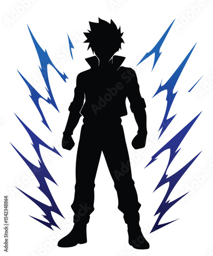 Silhouette of an anime-style hero powering up with electric lightning aura, representing strength, transformation, and energy
