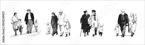 Heartwarming vector illustration depicting elderly couples walking with children, capturing timeless family bonds and generational connection. Perfect for lifestyle and family themes.