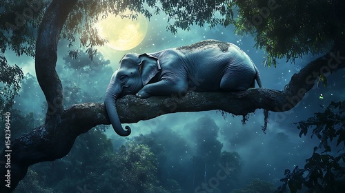 Sleepy elephant rests on a branch in a moonlit jungle.