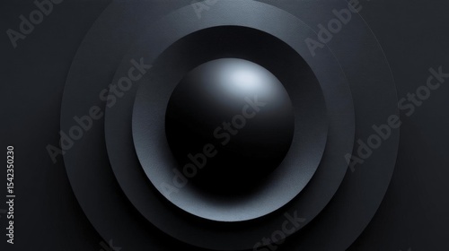 Black and white abstract background with a circular shape in the center. the shape appears to be made up of multiple layers of different shades of black, creating a layered effect.