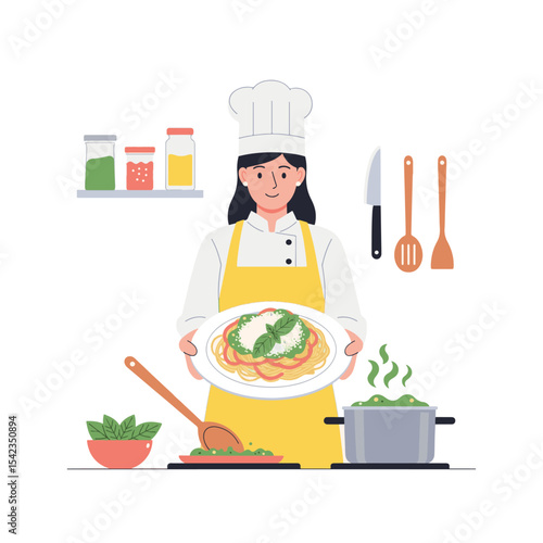 Simple Chef Cooking Pasta Illustration