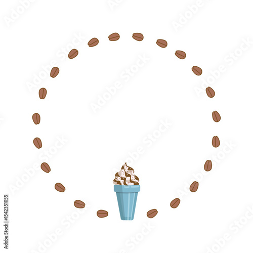 Poster, round frame, coffee border. Drink chilled with ice in a disposable plastic cup. Coffee beans. Dessert cup with whipped cream, chocolate or caramel filling and carbonated drink.