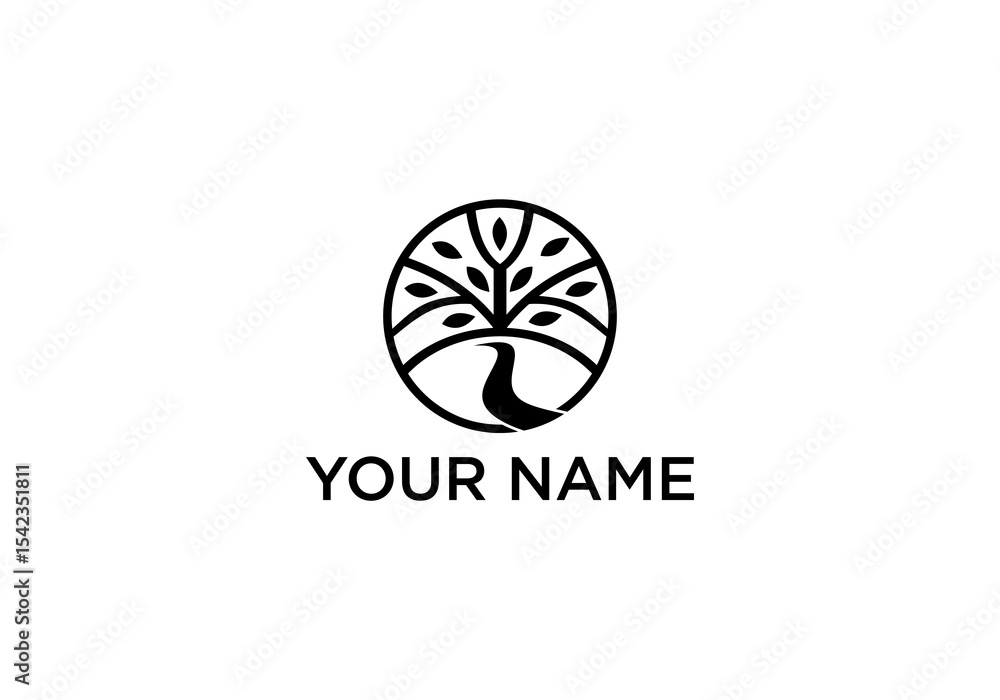 Elegant Circle Logo Featuring Trees and Road Elegant Circle Logo Featuring Trees and Road