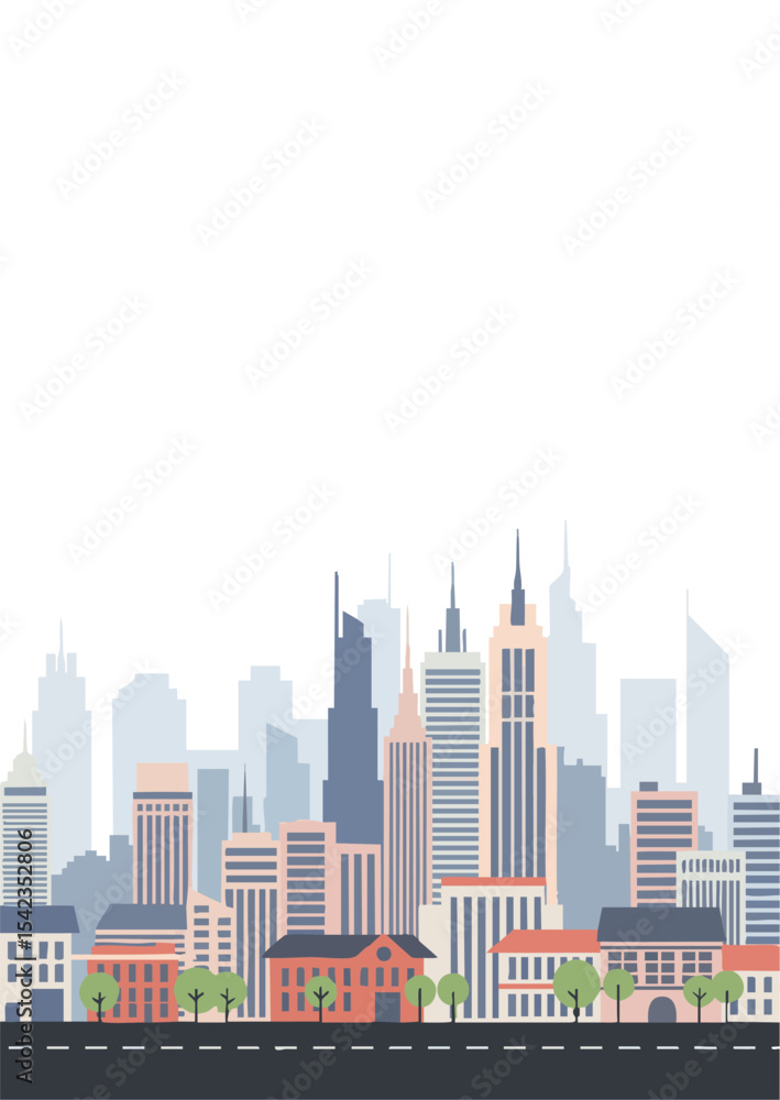 Fototapeta premium Flat Art City View with Road and Trees