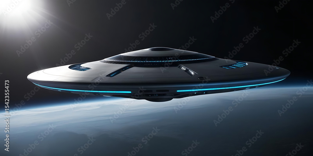 Futuristic UFO with Blue Accents Hovering Above Earth Illuminated by Distant Starlight in Space
Futuristic UFO with Blue Accents Hovering Above Earth Illuminated by Distant Starlight in Space