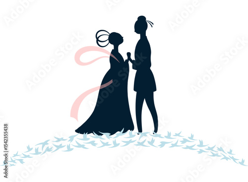 Qixi Festival, Tanabata lovers meeting on magpie bridge silhouette illustration, isolated vector. Hand drawn flat style design. Traditional Chinese holiday clip art element. China Valentines Day