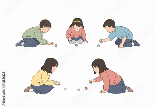 Flat Illustration Group of Children Playing Traditional Game of Jacks