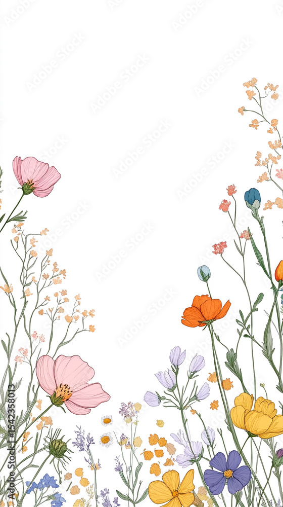 Whimsical wildflower border design in continuous line drawing Whimsical wildflower border design in continuous line drawing