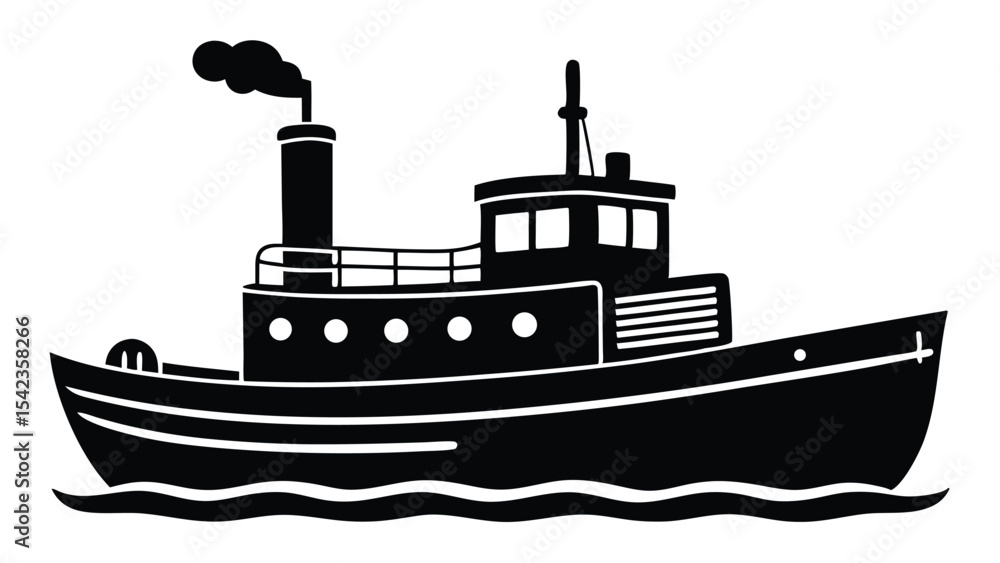 Obraz premium Black silhouette of a tugboat isolated on white background