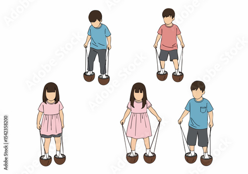 Flat Illustration Group of Children Playing Traditional Games with Coconut Shell Stilts