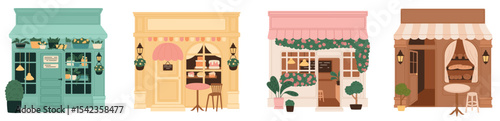 Set of small local shops. Small family business. Cafe, flower shop, bakery. Flat vector illustration.