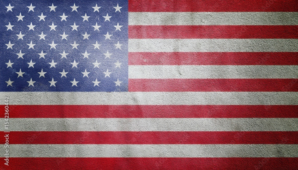 Obraz premium grungy textured american flag painted on rough concrete wall with faded red stripes and distressed blue field for patriotic web design, poster, or branding background