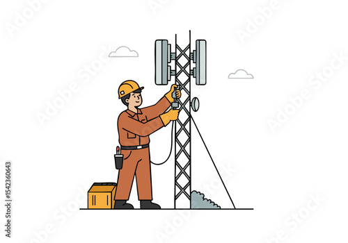 A construction worker installs a 5G antenna on a tall tower.  Clean, modern illustration style.  Focus on connectivity and infrastructure.