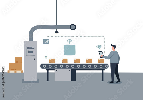 A man monitors a conveyor belt with an IoT device, showcasing industrial automation and real-time status updates. Modern factory setting.