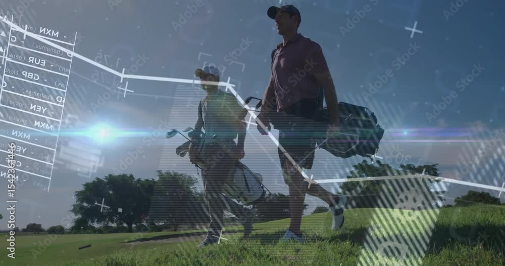 Two male golfers walking uphill fairway, data overlays forming around figures for golf analytics Two male golfers walking uphill fairway, data overlays forming around figures for golf analytics
